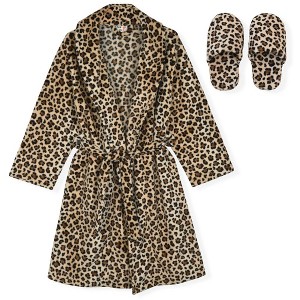 Sleep On It Girls Leopard Plush Fleece Shawl Collar Robe with Matching Fleece Slippers - 1 of 4
