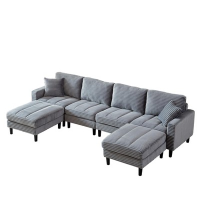 NicBex 122.5 Inch U-Shaped Corduroy Sectional Sofa with 2 Ottomans and 2 Pillows for Living Room,Bedroom,Gray