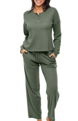 ADR Women's Ribbed Knit Pajamas Set Set with Pockets, Drop Shoulder  Sleepshirt and Pajama Thermal Underwear Pants Blue X Large