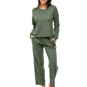 ADR Women's Pajamas Set, Soft Ribbed Knit Waffle Henley Pajamas Lounge Set, Lounge Sleeve Top and Pants with Pockets, Drawstring - 1 of 4