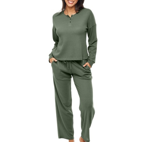 Adr Women's Ribbed Knit Pajamas Set Set With Pockets, Drop Shoulder  Sleepshirt And Pajama Thermal Underwear Pants Green 2x Large : Target