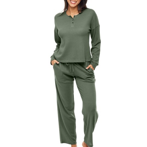 Adr Women's Ribbed Knit Pajamas Set, Button Down Drop Shoulder Top Thermal  Underwear Leggings Sage 2x Large : Target