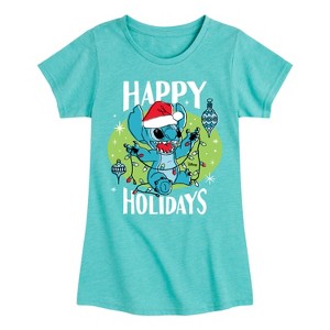Girls' - Lilo and Stitch - Happy Holidays Christmas Fitted Short Sleeve Graphic T-Shirt - 1 of 4