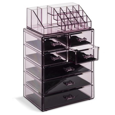 Purple Clear Acrylic Makeup Organizer with Drawers and Top Shelf