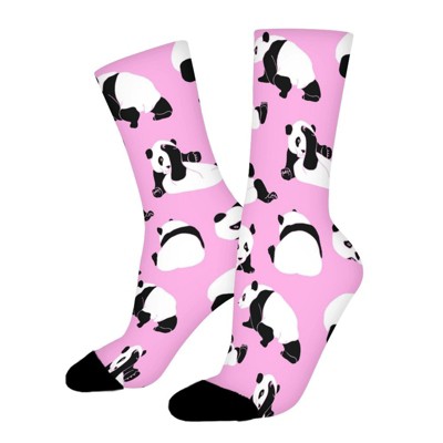Panda Bear On Pink Women Printed Crew Socks Funny Funky Socks Soft Polyester Novelty Gifts for Artists Men
