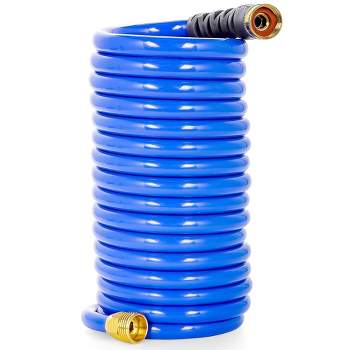 Camco 20' Self Coiling Water Hose with Brass Fittings and 1.5" ID for Marine Use, Cleaning, Car Washing and Gardening, Blue
