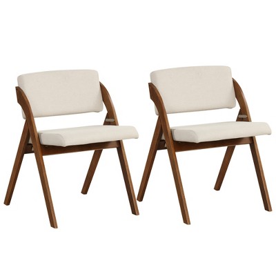 Tangkula Set of 2 Dining Chairs Folding Kitchen Chair w/ Rubber Wood Legs Padded Seat Walnut & Beige