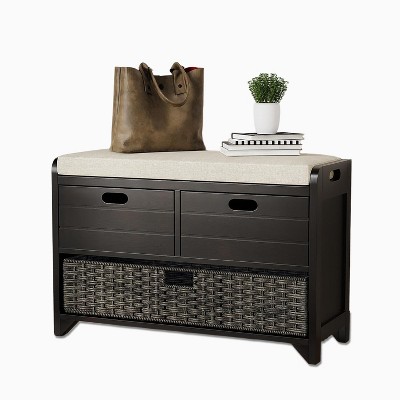 Fortune Candy 32'' Solid Wood Entryway Bench with Storage Cabinet, Removable Basket and Linen Cushion, Indoor Shoe Organizer