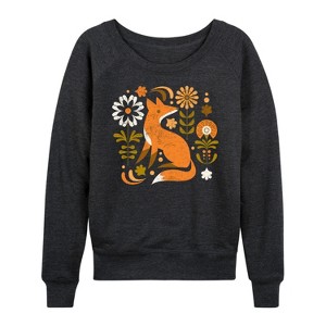 Women's - Instant Message - Autumn Fox & Flowers Lightweight French Terry Wide Neck Long Sleeve Graphic Shirt - 1 of 4