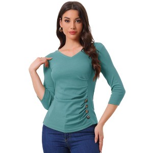 INSPIRE CHIC Women's V Neck 3/4 Sleeves Solid Knitted Buttons Decor Ruched Blouse - 1 of 4