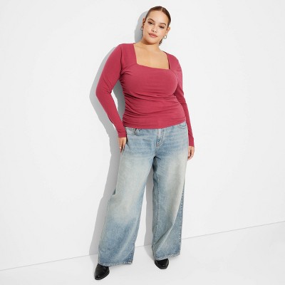 Women's Long Sleeve Ruched Square Neck Top - Wild Fable™