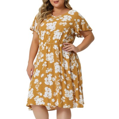 Agnes Orinda Women's Plus Size Regular Fit Deep V Neck Above Knee Cap  Sleeve Floral Dress Cyan 2x : Target