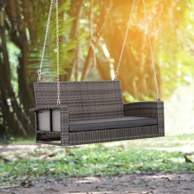 Grey Wicker Hanging Porch Swing Bench with Cushions