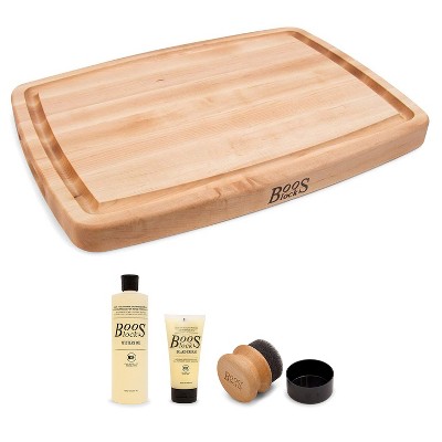 John Boos Block 14" Wide Oval Cutting/Carving Board w/ Juice Groove, Maple Wood and 3 Piece Wood Cutting Board Care and Maintenance Set