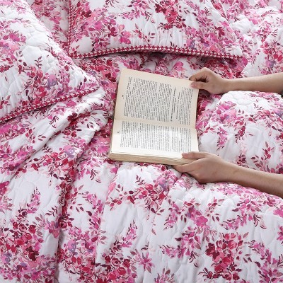 Floral Vineyard Pink Reversible Microfiber King Quilt Set