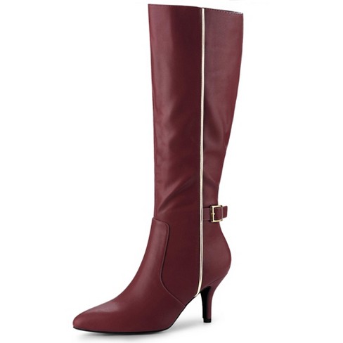 Allegra K Women s Pointy Toe Buckle Decor Side Zip Stiletto Heel Knee High Boots Burgundy 6