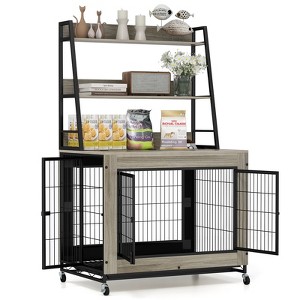 Costway 38” Heavy-Duty Dog Kennel on Wheels w/ Pull-out Tray Indoor Pet Furniture Wood Dog House Gray - 1 of 4