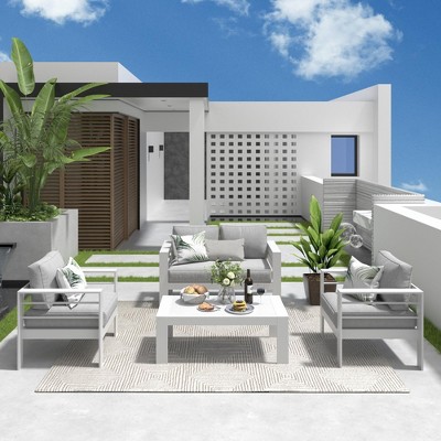 Aluminum Outdoor Patio Furniture Set, Modern Patio Conversation Sets with 5 Inch Cushion and Coffee Table for Balcony, Garden