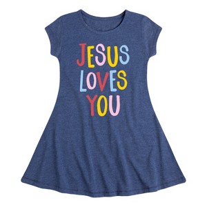 Girls' - Instant Message - Jesus Loves You Fit & Flair Cap Sleeve Graphic Dress - 1 of 4