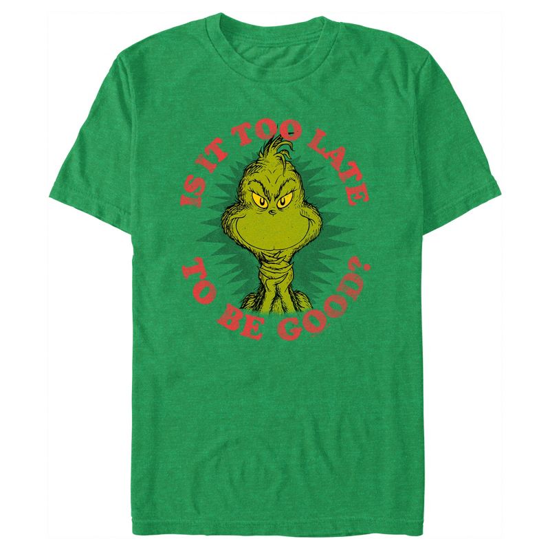 Men's Dr. Seuss Christmas The Grinch Is it too Late T-Shirt, 1 of 4