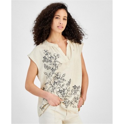 Tommy Hilfiger Womens Paisley Peplum Blouse, Beige, X-Large