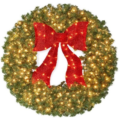 Pre-Lit Artificial Christmas Wreath with Bow, LED Lighted Holiday Wreath for Indoor Outdoor, Winter Front Door Xmas Decoration