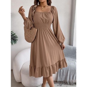 Coolmee Women Square Neck Long Sleeve Midi Dress Smaocked Waist Flowy Long Dress - 1 of 4