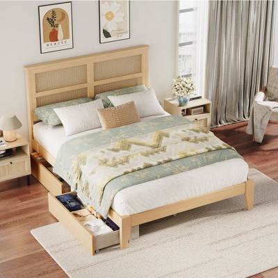 Angel Sar Full Size Bed Frame With Rattan Headboard, Boho Storage Bed with Two Drawers, Platform Bed