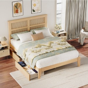Angel Sar Full Size Bed Frame With Rattan Headboard, Boho Storage Bed with Two Drawers, Platform Bed - 1 of 4