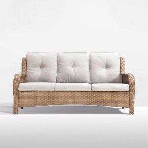 POCASSY 74" Wide Outdoor Wicker Patio Sofa with Cushions, All Weather Yellow Wicker Furniture Sofa 3 Seater Couch for Porch, Deck, Balcony - 1 of 4