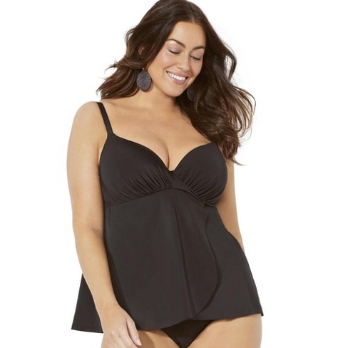 Swimsuits for All Women's Plus Size Bra Sized Faux Flyaway Underwire  Tankini Top, 42 DD - Black
