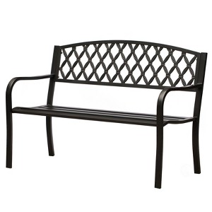 Gardenised Black Outdoor Garden Patio Steel Park Bench Lawn Decor with Cast Iron Back Seating bench, with Backrest and Armrest - 1 of 4