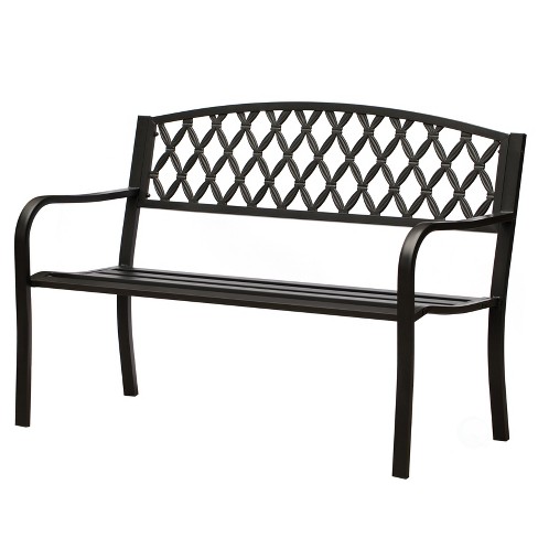 Gardenised Black Outdoor Garden Patio Steel Park Bench Lawn Decor with Cast Iron Back Seating bench with Backrest and Armrest