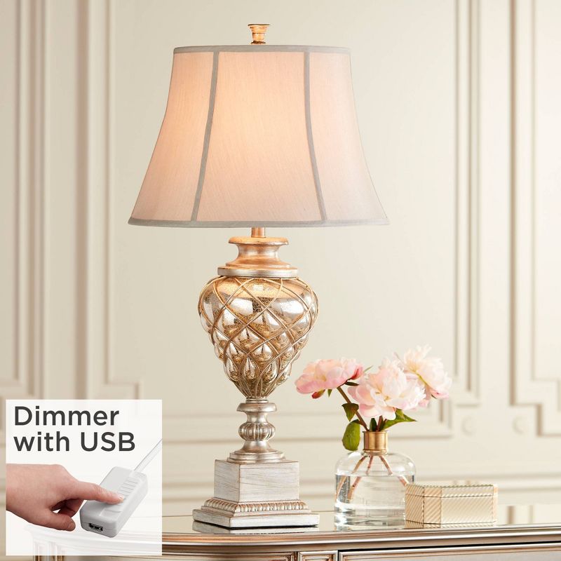 Barnes and Ivy Traditional Table Lamp with USB Port and Nightlight LED 33.75" Tall Mercury Glass Off-White Bell Shade for Living Room Bedroom, 2 of 10