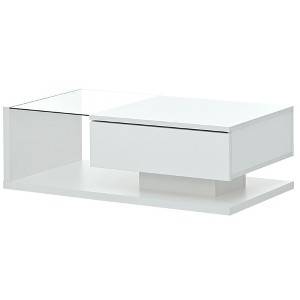 Lirago Modern Coffee Table Tempered Glass Top High Gloss Wood Frame 2 Tier Rectangle Center Table Storage Drawer Living Room White - 1 of 4