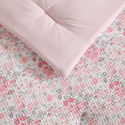 Twin Pink Microfiber Reversible Floral Bed in a Bag Set
