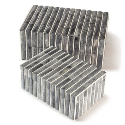 Gray and Ivory Carved Bone Decorative Boxes, Set of 2