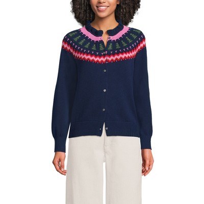 Lands' End Women's Drifter Lurex Ruffle Neck Jacquard Cardigan Sweater