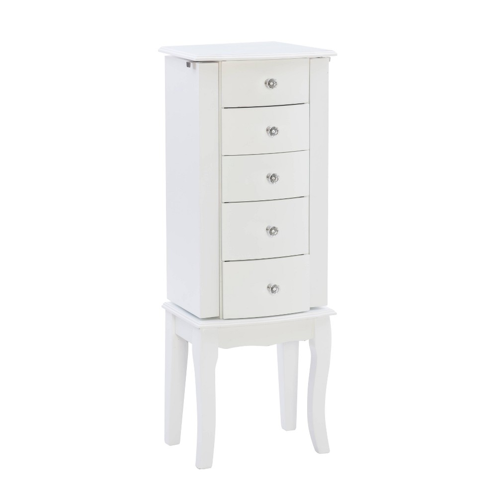 Powell Makenzie Traditional Wood 5 Lined drawer Jewelry Armoire White: Freestanding with Mirror, Felt Liner, Acrylic Pulls