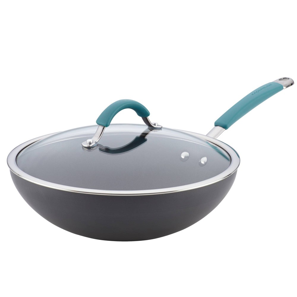 Rachael Ray 11 Hard-Anodized Nonstick Covered Stir Fry Pan - Gray with Agave Blue