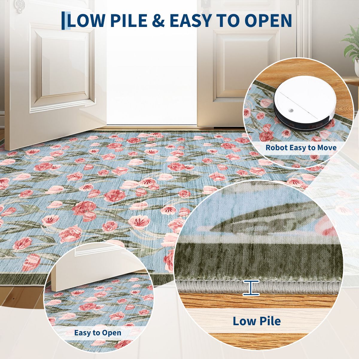 Garvee Tulip Area Rugs for Living Room, Non-Slip Low Pile Washable Carpet, Farmhouse Floral Accent Rug Home Decor - thumbnail 5