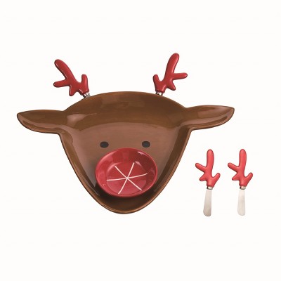 Transpac Ceramic Brown Christmas Reindeer Chip and Dip Set of 4