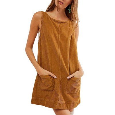 Women's plaid corduroy sleeveless dress with pockets and open-back design