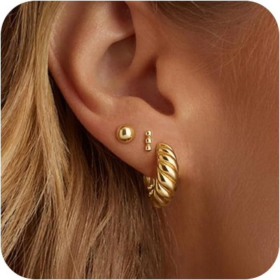 Freekiss 3 Pairs Gold Hoop Earrings Set: Dainty Stud Earrings Trendy Small 14K Gold Plated Hypoallergenic Dangle Cartilage