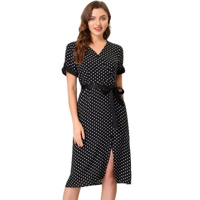 Allegra K Women's V Neck Polka Dots Button Decor Split Belted Dress