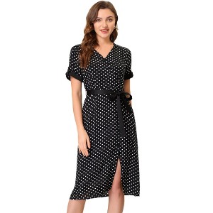 Allegra K Women's V Neck Polka Dots Button Decor Split Belted Dress - 1 of 4
