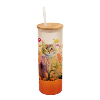 100 North 25 Ounce Frosted Glass Gradient Travel Tumbler With Straw & Wooden Lid, Maine Coon Cat Paint Splatter Orange