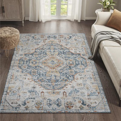Cream and Blue Medallion Washable Synthetic Area Rug 3' x 5'