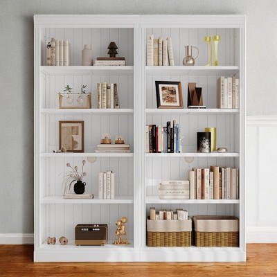 Alilang 71.66 Inch Double Wide White Wooden Bookshelf with Adjustable Shelves and Vertical Paneling - White