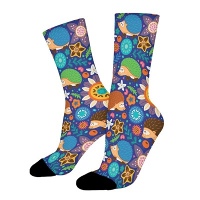 Hedgehogs And Floral Women Printed Crew Socks Funny Funky Socks Soft Polyester Novelty Gifts for Artists Men